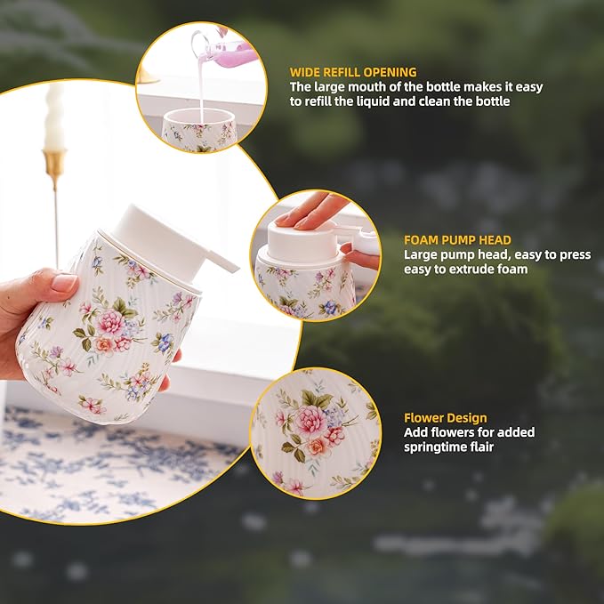 Foam soap Dispenser with Pump,13.5 oz foaming Hand soap Holder with Easy-to-Press Pump for Bathroom refillable Liquid Hand soap Dispenser (Foam-Little Flowers)