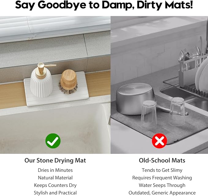 3 Pack Diatomite Stone Sink Tray, Water Absorbing Mat for Kitchen & Bathroom Counter, Quick Dry Soap Dish Makeup Vanity Caddy,Sponge Holder Organizer, White - 2pcs of 8"x 3.8" and 1pc of 3.8"x 3.8"