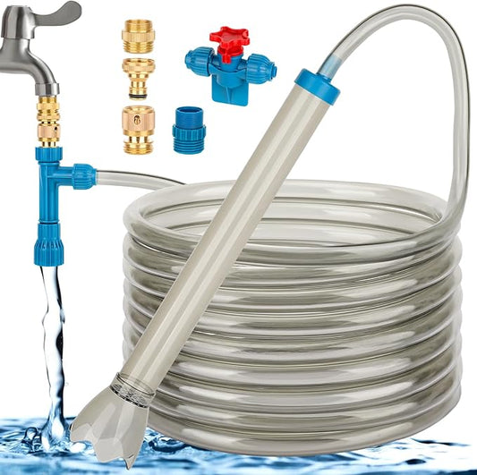 fishkeeper 25FT/50FT Aquarium Gravel Vacuum Water Changer - Flow Adjustable Faucet Universal Siphon Quick Pump with 6 Adapters, Bucket-Free Fish Tank Cleaner for Drain & Fill (2025 New)