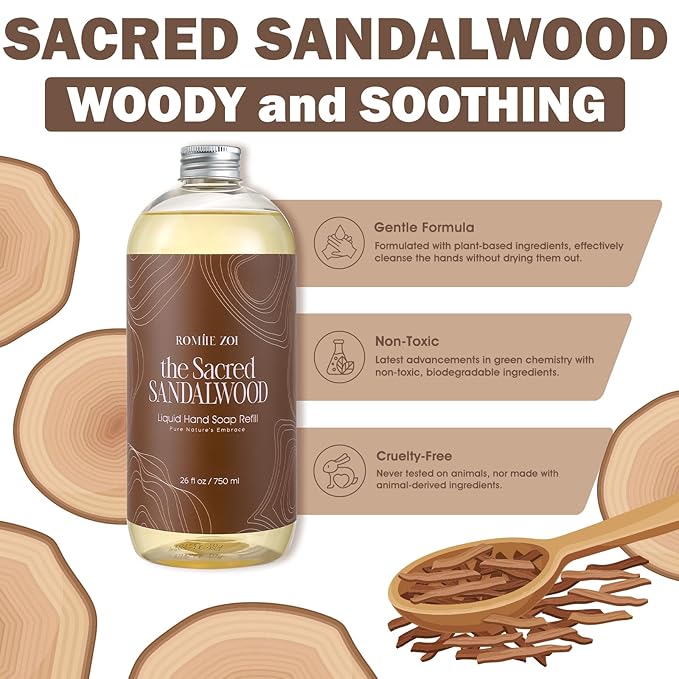 ROMIIE ZOI Liquid Hand Soap Refill Gift Set-3 Pack, Cruelty-Free and Biodegradable Formula, Moisturizing Hand Wash with Essential Oil for Sensitive Skin, Sandalwood Scent (26Fl Oz x 3)