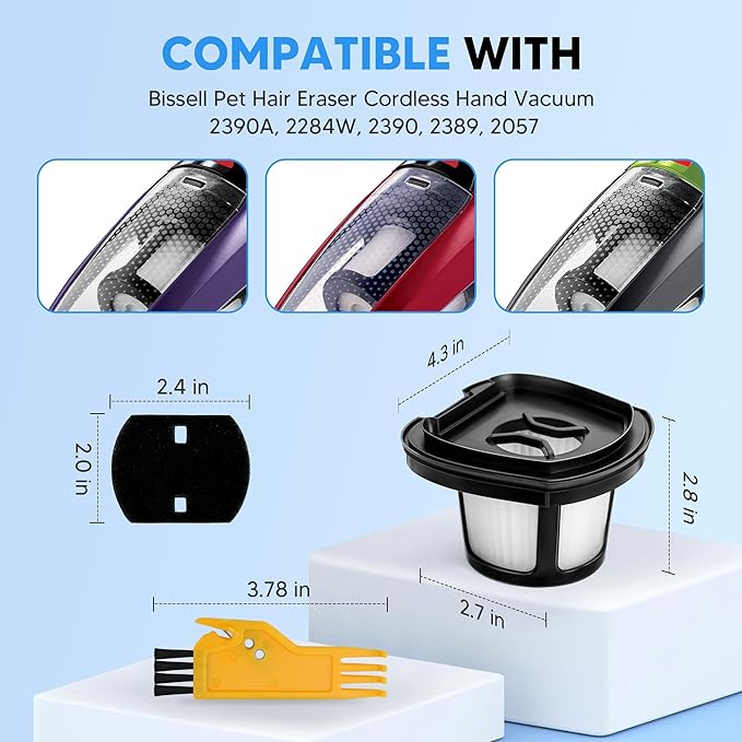 2284W 2390A Vacuum Filter Replacement for Bissell Pet Hair Eraser Filter Hand Vacuum 2390 2389 2579, Compared to Part # 1614212 1614203 1614204 (4 Mesh Filter and 8 Foam Filter)