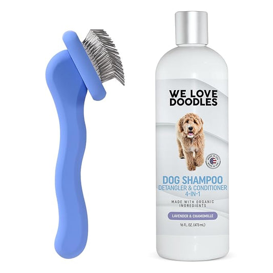 We Love Doodles Grooming Bundle Extra Small Dog Slicker Brush & Lavender USDA Organic Dog Shampoo - for Grooming Pet Hair, Long Pin Brush For Dematting - Sensitive Skin Shampoo for Puppies