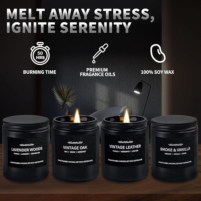 Scented Candle Set, Men Candle Set, Scented Candles for Home, Gifts for Men, 4 Pack Manly Christmas Candles Gifts for Mens Scents of Smoke Vanilla/Leather/Oak/Lavender Wood