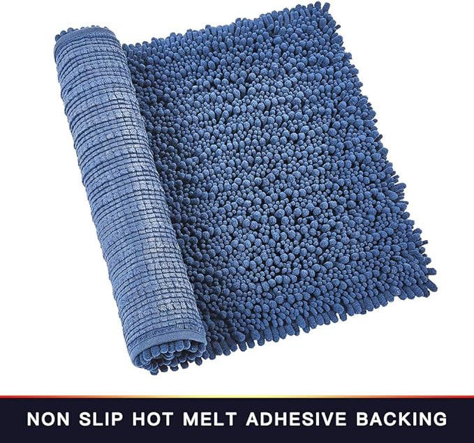 Walensee Bathroom Rug Non Slip Bath Mat (32x20 Dark Blue) Water Absorbent Super Soft Shaggy Chenille Machine Washable Dry Extra Thick Perfect Absorbant Best Large Plush Carpet for Shower Floor