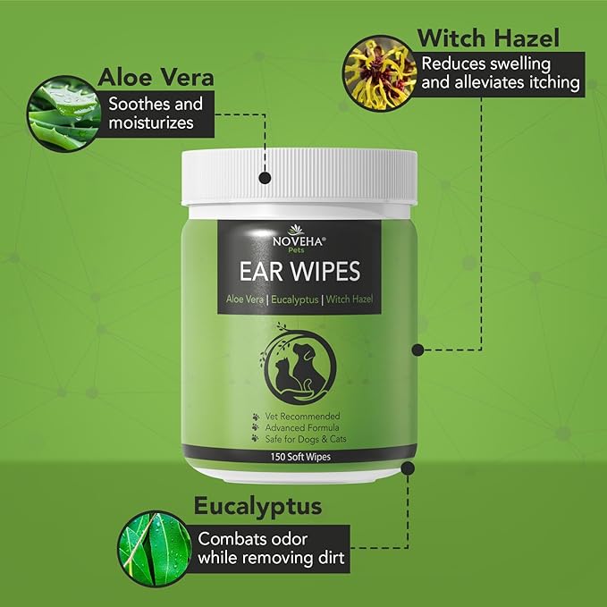 NOVEHA 150PCs Dog Ear Cleaner Wipes, Daily Ear Cleaner for Dogs & Cats - Stop Ear Itching with Aloe, Eucalyptus & Witch Hazel Ear Wipes for Dogs - for Odor Control, Dirt and Wax Removal, Unscented