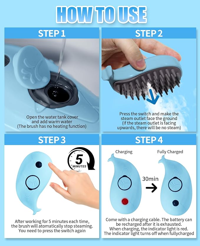 Cat Steam Brush for Shedding - 3 in 1 Steamy Cat Brushes for Grooming and Massage - Whales Shaped Cats Brush with Steam for Dogs, Removing Tangled and Loose Hair (Blue)