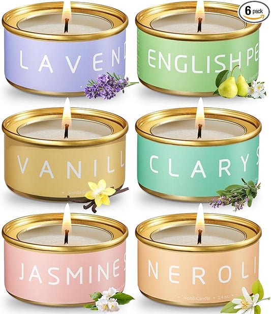 VTS Candles for Home Scented, 6 Pack Aromatherapy Candles (Lavender, Vanilla, English Pear & Freesia, Neroil, Clary Sage, Jasmine Sambac), Candles Gift Set for Stocking Stuffers, Christmas, Birthday