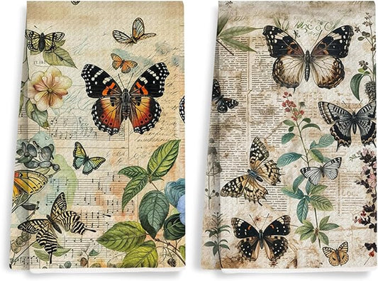 2 Pcs Vintage Butterfly Kitchen Towels, Rustic Botanical Decorative Absorbent Microfiber Dish Cloth Tea Towel, Artistic Waffle Soft Hand Towels for Farmhouse Home Bathroom, Butterfly Gifts 2