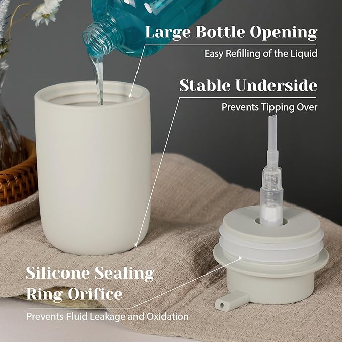 INGOFIN Ceramic Lotion Soap Dispenser Set, 2 Pack (12 oz) Bathroom Hand Soap Dispenser with Pump, Liquid Hand and Dish Soap Dispenser Set, 8 Pcs Clear Stickers,for Kitchen, Bathroom- Grey