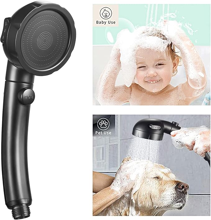 KAIYING Drill-Free High Pressure Handheld Shower Head with ON/OFF Pause Switch 3 Spray Modes Water Saving Showerhead, Detachable Puppy Shower Accessories (N:Shower Head (Black)+Bracket+Hose)