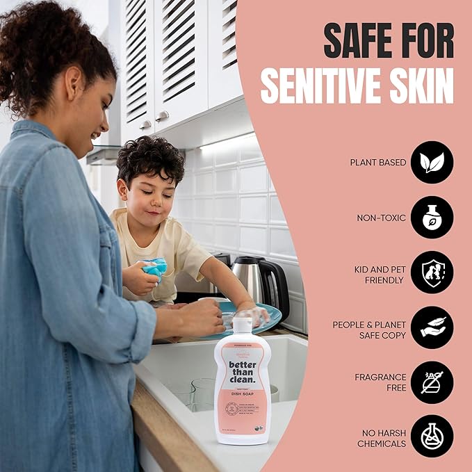 Fragrance Free 2-Pack Dish Soap – 97% Plant-Based, Hypoallergenic, Non-Toxic, Cuts Grease & Food Residue – Dishwashing Liquid with No Fragrance, Dyes or Harsh Chemicals – EWG A Rated