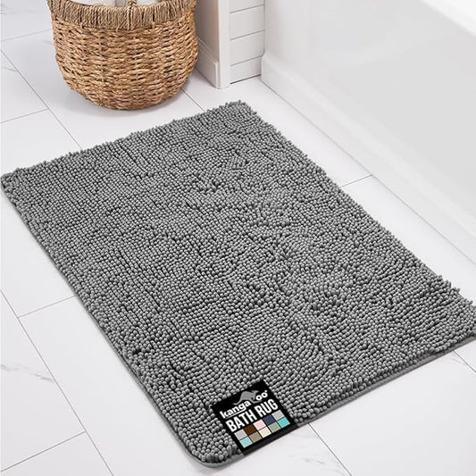 KANGAROO Bathroom Rugs, Chenille Soft Absorbent Bath Rug, Shaggy Shower Mat, Quick Dry Machine Wash Bathmat, Plush Carpet Mats for Tub, Bathtub and Room Home Decor Accessories, 24x17, Gray