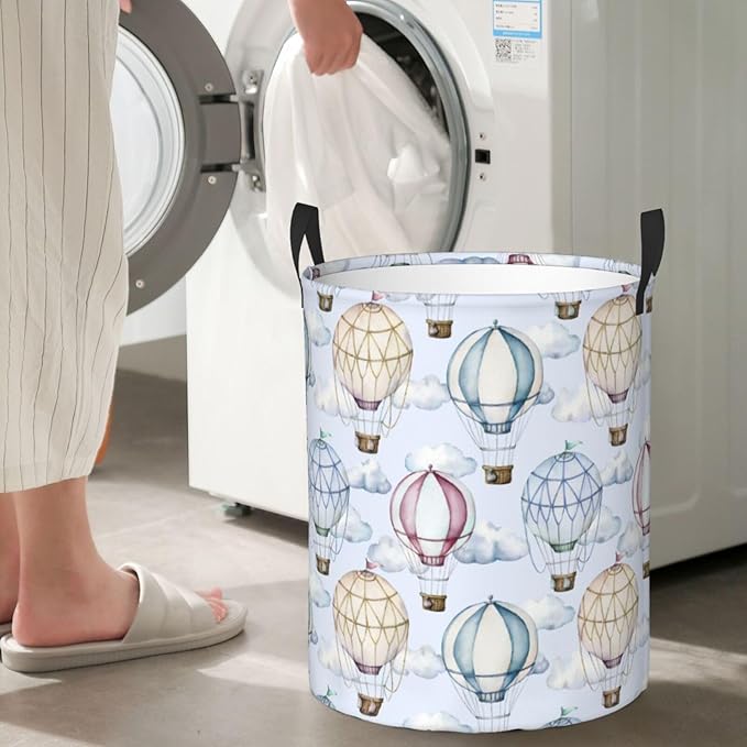 Watercolor Hot Air Balloons And Clouds Laundry Hamper Bag With Waterproof Liner - Round Laundry Basket Foldable Clothes Storage Organizer For Bathroom Bedroom Nursery Dorm, S-16.5"X 13.8"