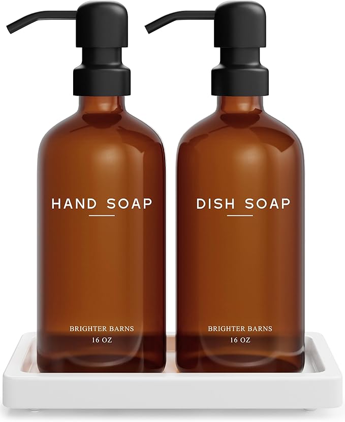 Amber Glass Hand and Dish Soap Dispenser Set by Brighter Barns - Kitchen Soap Dispenser Set with Tray for Kitchen, Airbnb, Vacation Rental or Restaurant - Modern Kitchen Decor & Accessories (Amber)