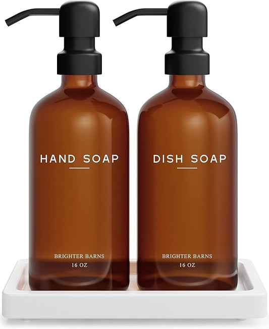 Amber Glass Hand and Dish Soap Dispenser Set by Brighter Barns - Kitchen Soap Dispenser Set with Tray for Kitchen, Airbnb, Vacation Rental or Restaurant - Modern Kitchen Decor & Accessories (Amber)