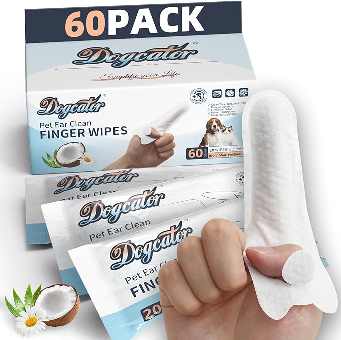 Dog Ear Wipes, Ear Wipes for Dogs Cats, Dog Ear Cleaner Finger Wipes for Ears, Teeth, Eyes, Paws, Fresh Coconut Scent Ear Infection Treatment, 60 Pcs Individual Packaging