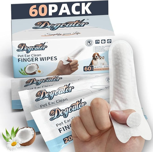 Dog Ear Wipes, Ear Wipes for Dogs Cats, Dog Ear Cleaner Finger Wipes for Ears, Teeth, Eyes, Paws, Fresh Coconut Scent Ear Infection Treatment, 60 Pcs Individual Packaging