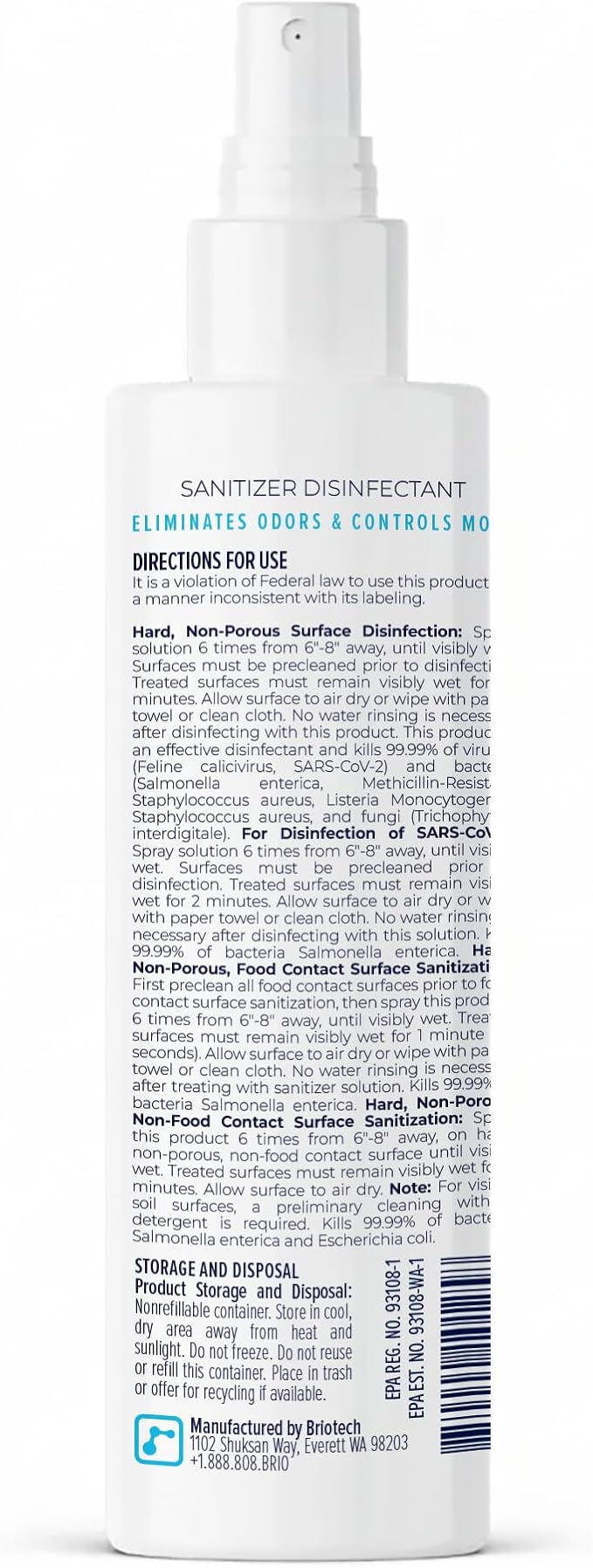 BRIOTECH Sanitizer Disinfectant Hypochlorous Spray, Kill 99.99% of Viruses & Bacteria, Control Mold, Eliminate Odor, Gentle for Nursery & Play Rooms, Food Contact Surface Sanitizer, 8 fl oz