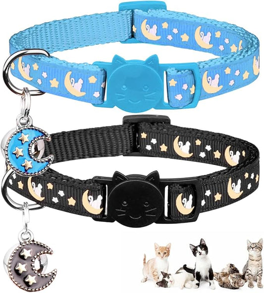 2Pcs Breakaway Cats Collars Cat Collars for Boy Cats Adjustable Kitten Collars with Bell,Black+Light Blue,8"-13.1"