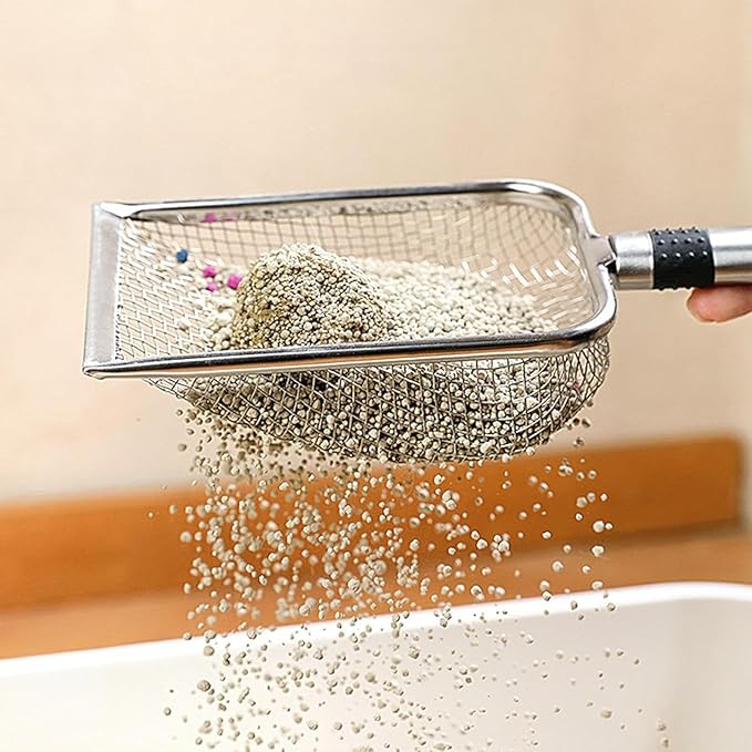 Integrated Metal Cat Litter Scoop, Stainless Steel Mesh Litter Scoop, Long Handle Cat Scooper, Poop Sifting Mesh Litter Deep Shovel, Cat Litter Scooper for Litter Box/Reptile Terrarium Sand Waste