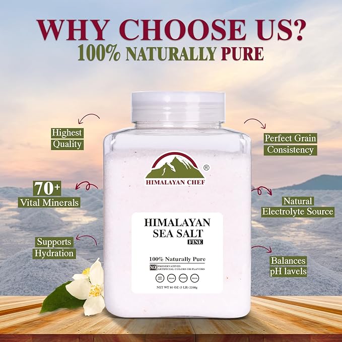 Himalayan Chef Sea Salt Fine Grain Himalayan Salt, 5 lbs Bulk Bag - 100% Natural, Unrefined, Kosher, Rich in 84 Organic Minerals for Cooking, Seasoning