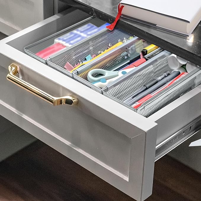 2PCS Drawer Organizer, Mesh Drawer Organizer with Interlocking Arm for Utensil, Cosmetic, Flatware, Pen (12 * 3 * 2 Inches, Grey)