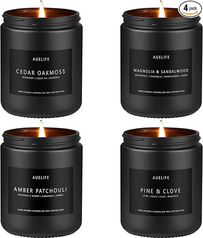 Winter Candle Gift Set for Men – 4 Pack Soy Candles with Cedar Oakmoss, Pine & Clove, Amber Patchouli, Sandalwood – Masculine Scented Candles for Home, Christmas Gift Set for Dad Fathers Day