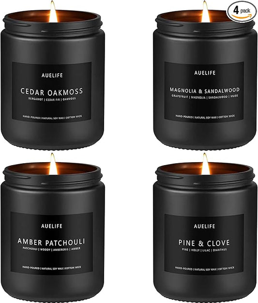 Winter Candle Gift Set for Men – 4 Pack Soy Candles with Cedar Oakmoss, Pine & Clove, Amber Patchouli, Sandalwood – Masculine Scented Candles for Home, Christmas Gift Set for Dad Fathers Day