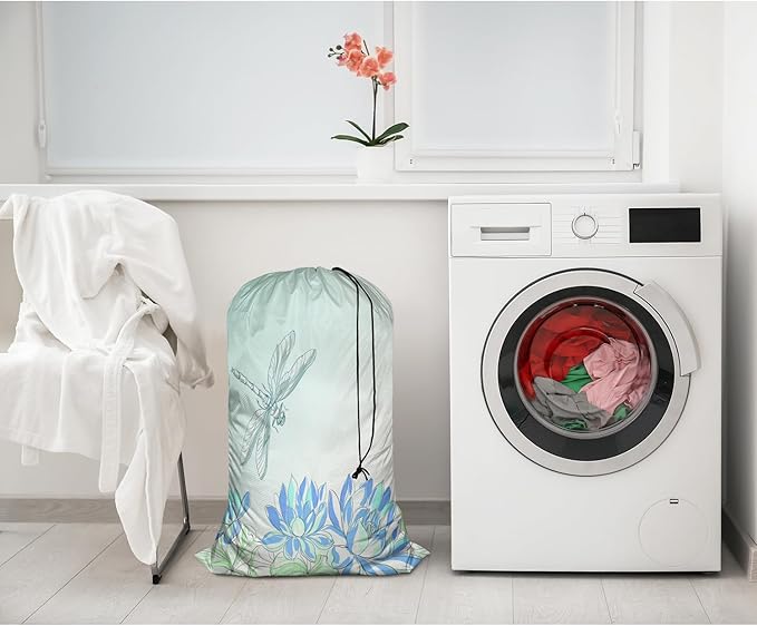 Swono Lotus Flower Laundry Bag with Strap Machine Washable Large Dirty Clothes Organizer Dragonfly Summer Floral Pond Blossom Botany Easy Fit Laundry Hamper or Basket, Carry Up to 4 Loads of Laundry