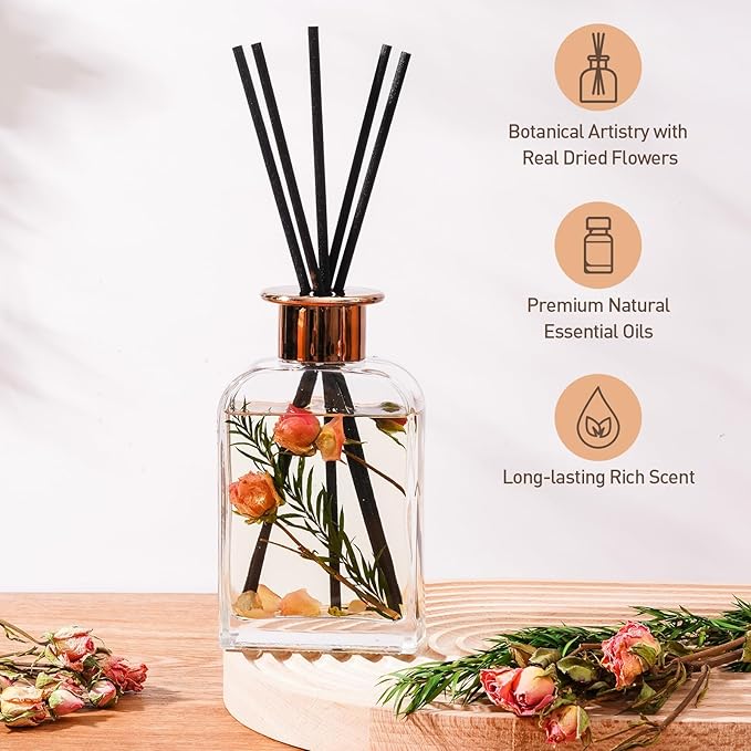 Rose Petal Botanical Essential Oil Reed Diffuser Set/6.7oz/Floral Nuances of Roses,Sage,Ruscus/Decorative Air Freshener/Home, Office, Room Décor/Aromatherapy Gift/Scentsy Home Fragrance