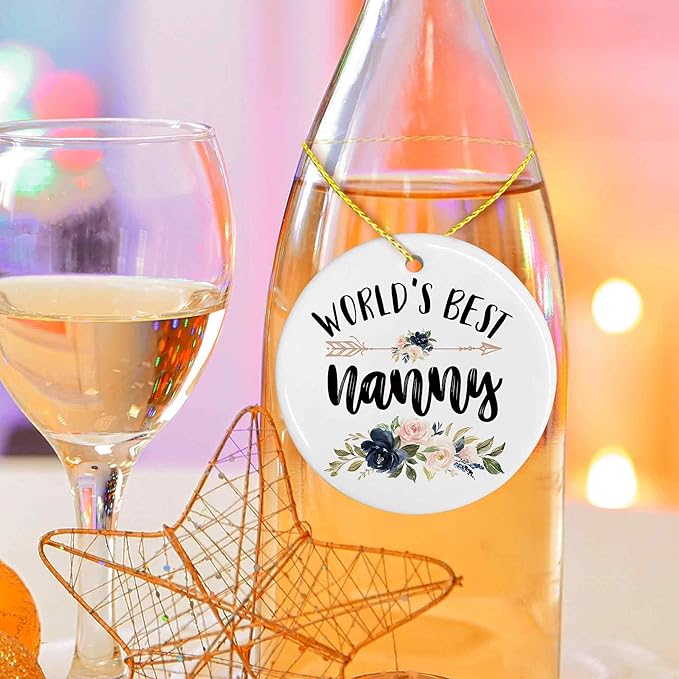 World's Best Nanny Ceramic Ornaments Gifts, Grandma Grandmother Round Hanging Ornament Decor Decorations for Christmas Tree Car, Thank You Appreciation Gifts for Nanny Birthday Holiday