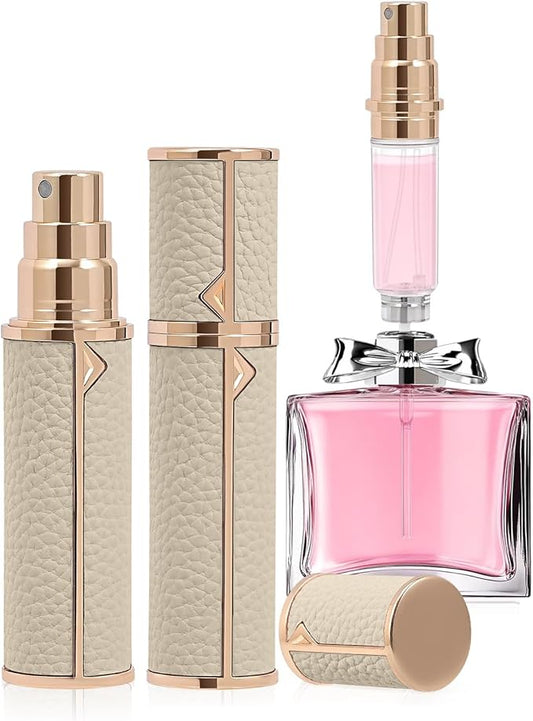 Refillable Travel Perfume Bottle – Fine Mist Atomizer, Bottom Fill, Genuine Leather Shell, TSA Approved, For Daily Refresh & Travel (White, 10ml)