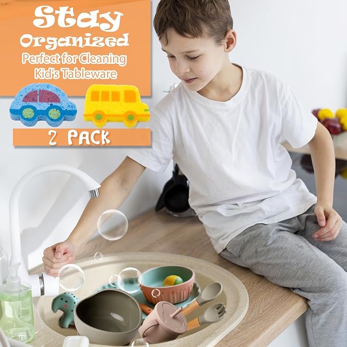 2 Pcs Cute Compressed Wood Pulp Cotton Sponges, Reusable and Highly Absorbent for Dishwashing, Kitchen Surfaces, and Bathroom Cleaning, Bus and Car-Shaped