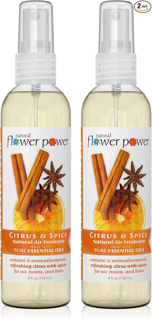 Natural Flower Power Air Freshener Spray - Odor Eliminator w/Essential Oils - Home, Car & Fabric - Cruelty Free & Vegan - 2 - Citrus & Spice - 2 x 4 fl oz
