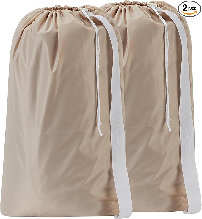 HOMEST 2 Pack XL Nylon Laundry Bag with Strap, Large Dirty Garments Organizer, Easy Fit a Hamper or Clothing Basket, Can Carry Up to 4 Loads of Clothes, Beige