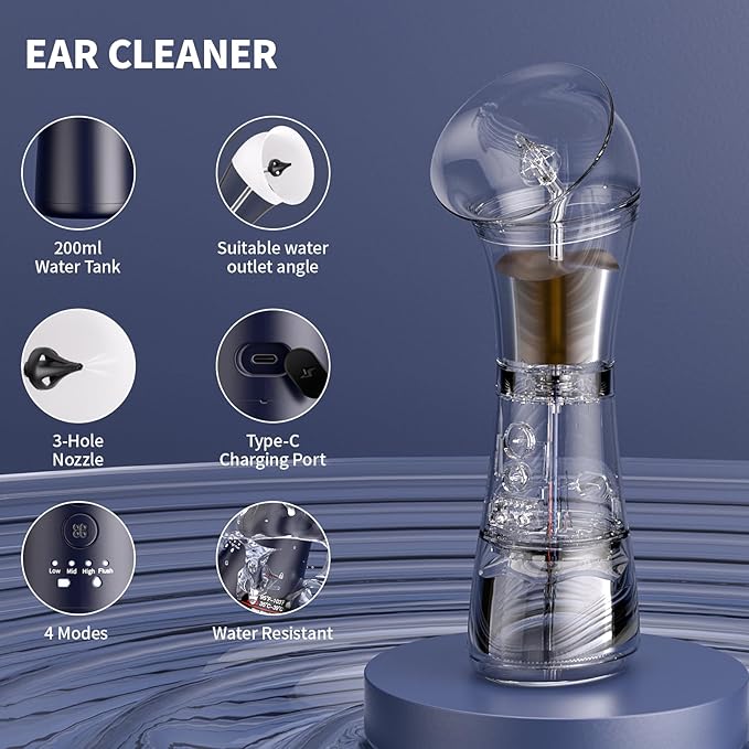 Upgraded Ear Wax Removal Kit, 4-Mode Electric Ear Cleaner - IPX7 Waterproof, Earwax Cleaning Kit with Water Temperature Sensor, 2in1 Waste Tank Design for Home Use (Blue)