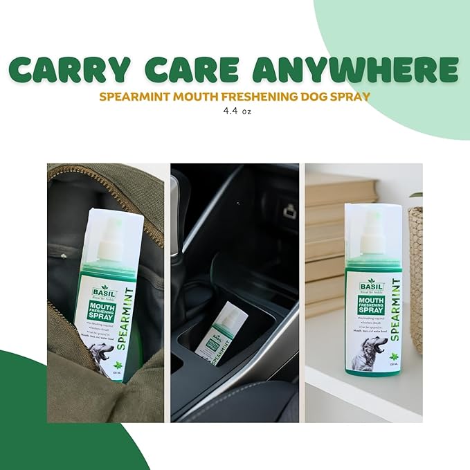 BASIL Dog Oral Care Spray – 4.4 oz | Spearmint Flavor Mouth Freshener for Dogs | for Cleaning Teeth, Gums & Fresh Breath | Easy-to-Use Dental Spray for Everyday Use