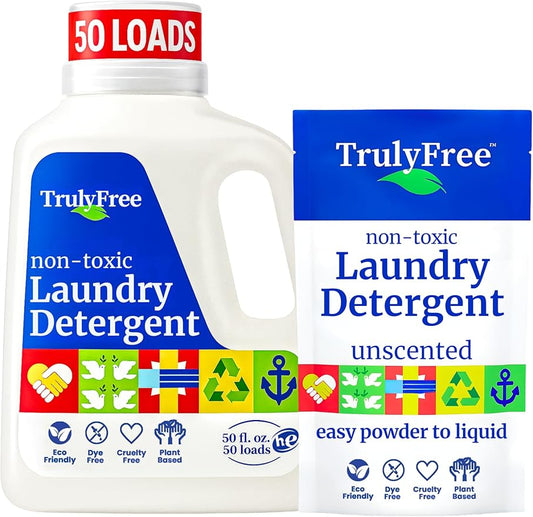 Truly Free Laundry Wash Detergent for Sensitive Skin, Gentle & Safe for Baby Clothes | Plant-Based, Natural Ingredients | Unscented | Include 1 Refillable Bottle (50 Loads)