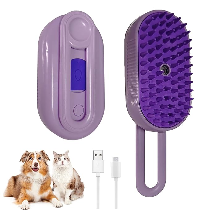 4-in-1 Cat Steam Brush Cat and Dog Anti-Static steam Brush with Spray for Massaging,cleaning,Shedding,Grooming,2025 New Rechargeable Pet Grooming Brushes(purple)