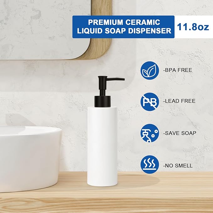 Ceramic Soap Dispenser 11.8oz Liquid Ceramic Soap Pump Dispenser for Bathroom, Refillable Dish Soap Dispenser for Kitchen