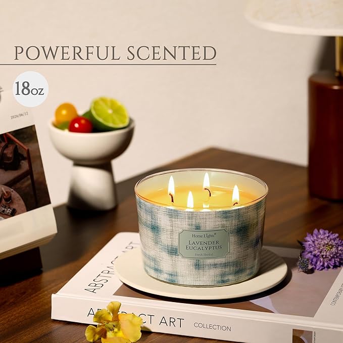 HomeLights Soy Wax Candles for Home Scented, 4-Wick Candles in Lavender Eucalyptus Scented, Aromatherapy Candles Gift for Parties, Relaxing, Scandinavian Minimalist Design, 18oz