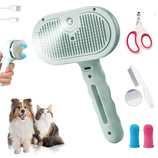 Pet Steam Brush for Dogs and Cats, 3 in 1 Steam Grooming Brush for Hair Shedding and Removal, Cleaning Spray Comb with Mist for Long-Haired Pets, Include Flea Comb, Nail Clippers, 2 Pet Toothbrushes