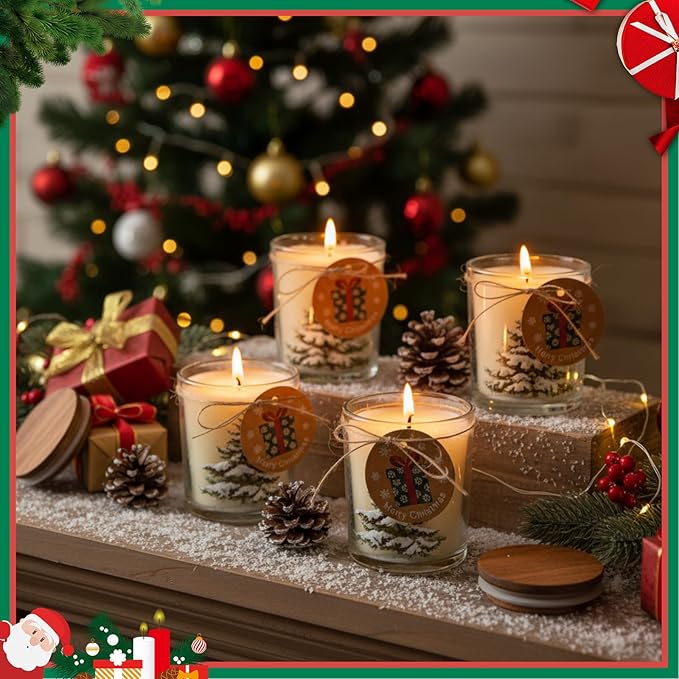 12 Pack Christmas Trees Clear Candle Jars for Making Candles 7 oz Empty Glass Jars with Wood Lids and Blessing Card Xmas Pine Candle Containers for DIY Gifts Home Tea Party Holiday Decor
