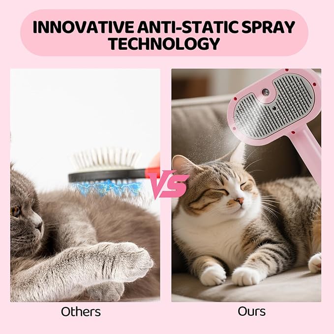 3-in-1 Anti-static Cat Steam Brush & Deshedding Tool - Cat Brush for Long/Short Hair, Reduces 95% Shedding, Easy Clean Grooming Supplies for Pet Owners (pink)