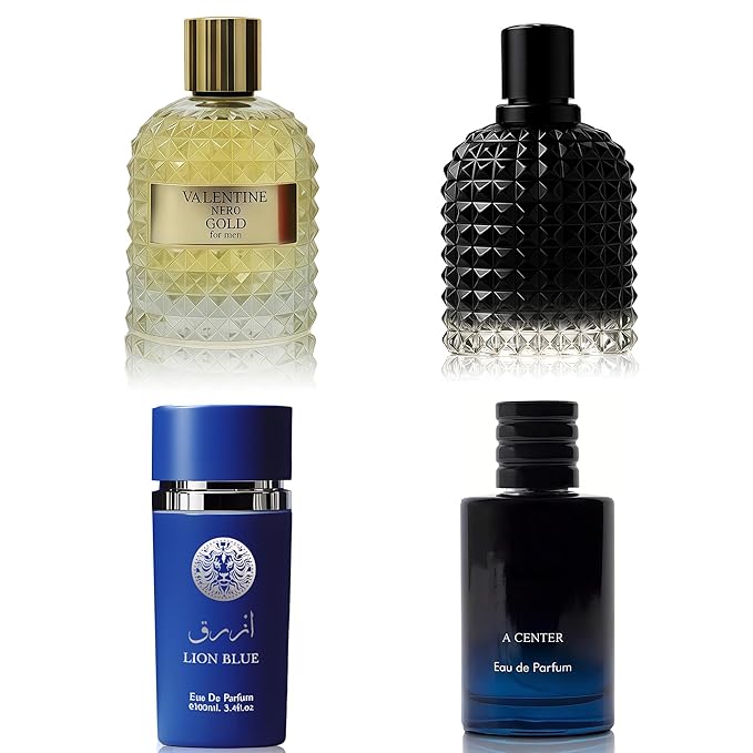 Men's Cologne Include 4 Variety Pack Perfume Gift Set- 3.4 Fl Oz Each Eau De Parfume Tobacco,Musk,Woody,Masculine Scent Long Lasting Fragrance(MilanoMR&Salva&LionBlue&ValentG)