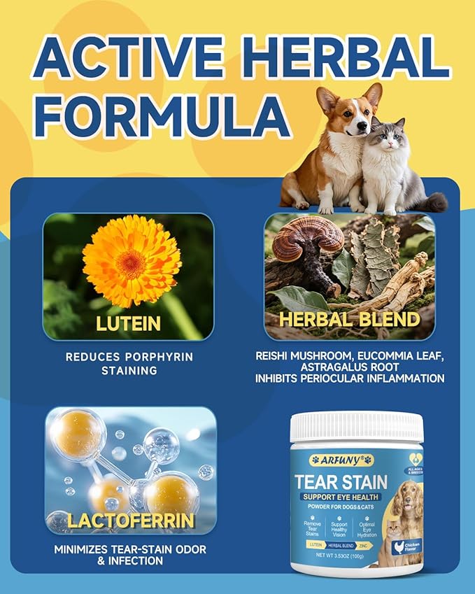 Tear Stain Remover for Dogs & Cats - Pet Tear Stain Supplement - Daily Support for Overall Eye Health - with Lutein, Zinc, Lactoferrin, Vitamins - Chicken Flavor Powder, for All Breeds