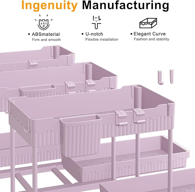 3 Pack Under Sink Organizers, 2-Tier Multi-Use Kitchen and Bathroom Organizers and Storage with Sliding Drawers，Bathroom Cabinet Organizer (Pink, 12.8 Inch)