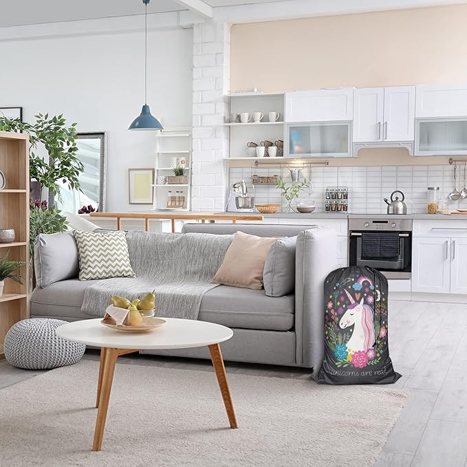 Swono Unicorn Are Real Extra Large Laundry Bag with Drawstring Closure 28"x40", Oxford Cloth, Rainbow Cartoon Fairy Star Floral for Home, Dorm and Apartment Dwellers, Magic Animal