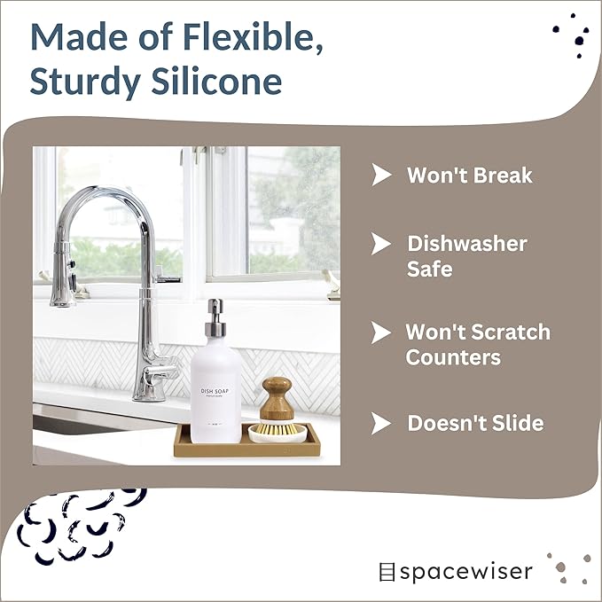 Countertop and Vanity Tray – Small 7.7" Silicone Soap Dispenser Trays, Flexible Bathroom Trays, Dish Soap Holder Kitchen Counter Caddy, Organizer Sink Tray for Soaps Bottles, Sponge, Keys