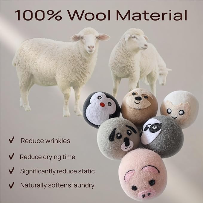 Wool Dryer Balls, Cute Pattern Drying Balls for Laundry, Anti Static, Saving Drying Time&Reducing Clothing Wrinkles, Dryer Balls Laundry Reusable - 6 Pack